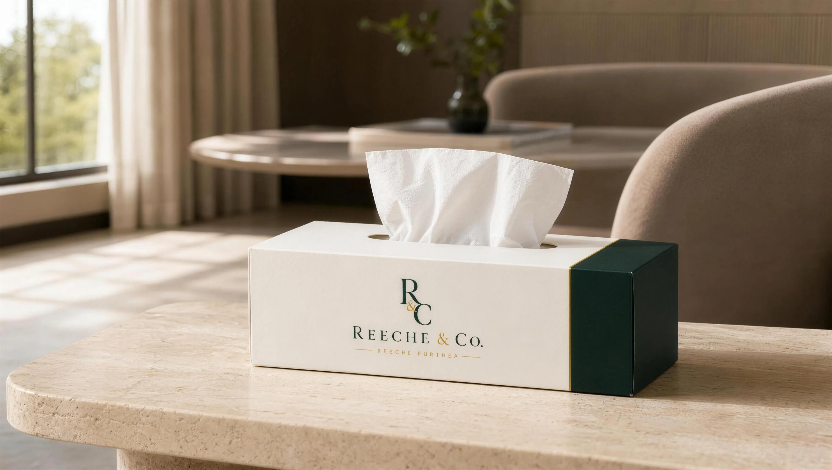 REECHE & CO. tissue box concept on a stone side table in morning light