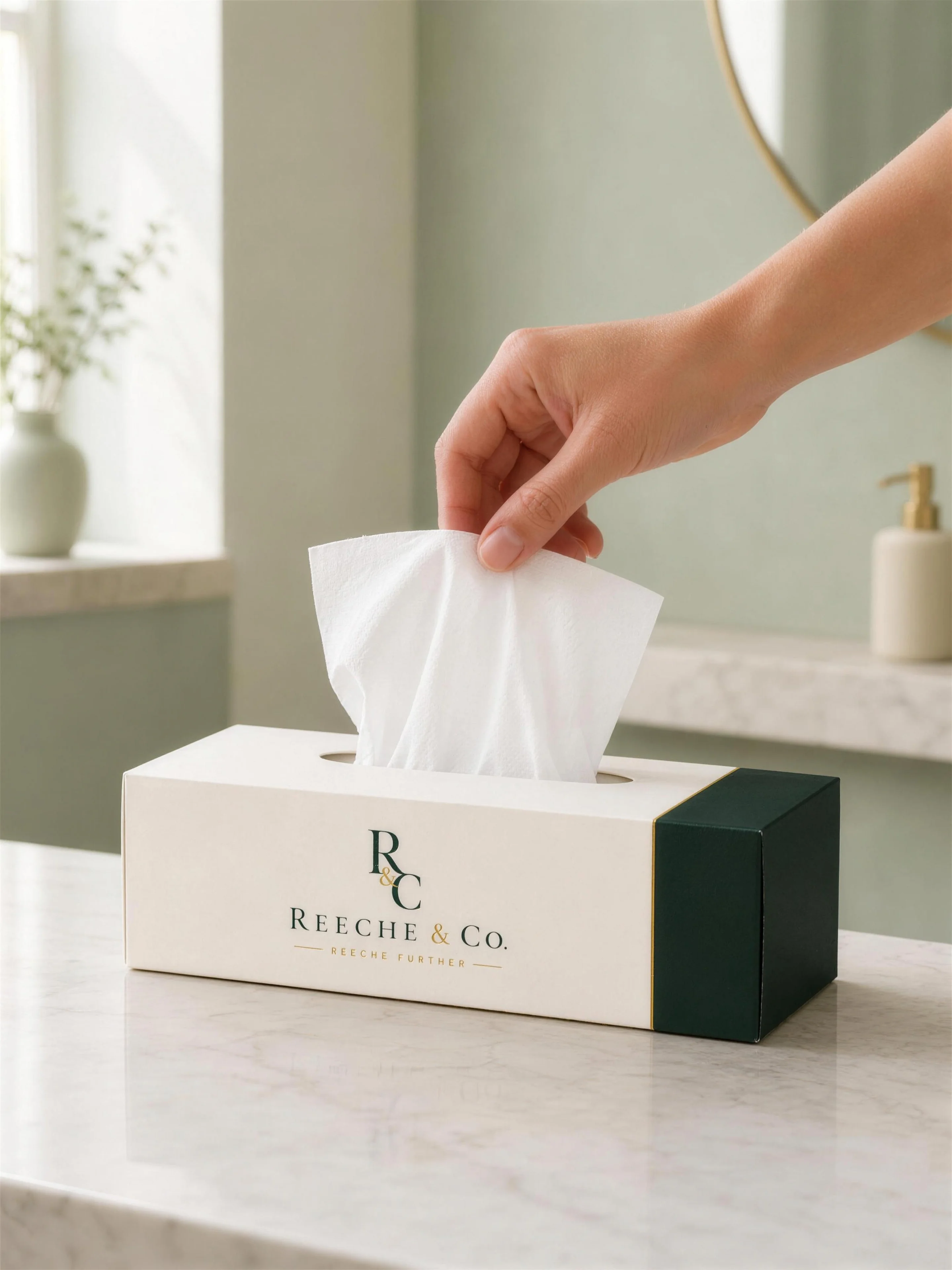 A hand drawing a single tissue from the REECHE & CO. box concept